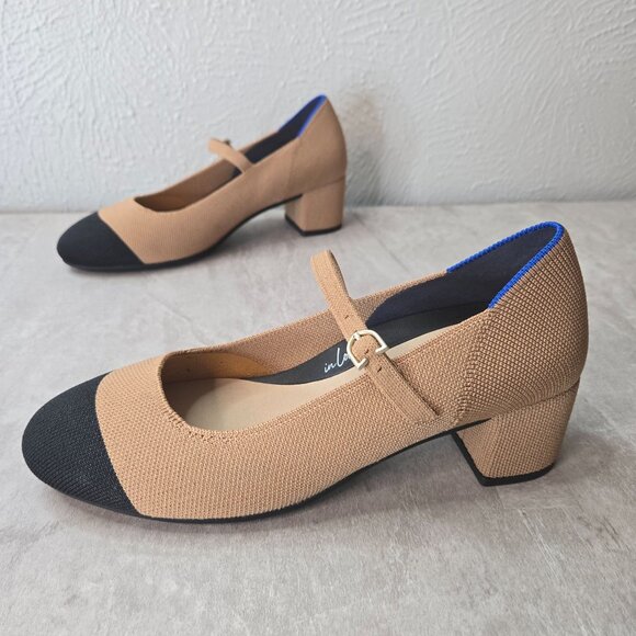Rothy's The Mary Jane Heel Tan Black Stretch Knit Shoes Minimalist Ballet Pump 8 - Picture 1 of 12
